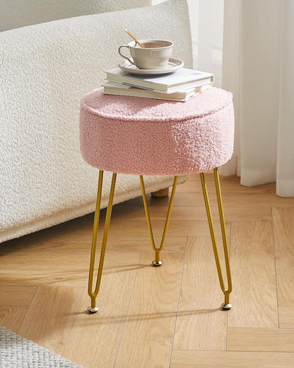 IBUYKE Teddy Velvet Round Footrest Stool Ottoman, Makeup Vanity Stool Side Table, Velvet Dressing Table Seat, Pouf Couch Stool, for Living Room Bedroom, Pink WBD009P