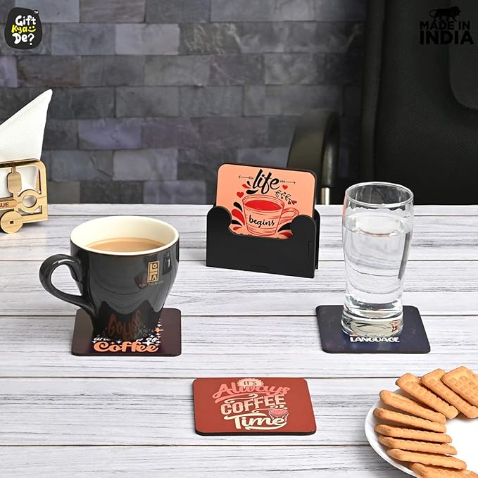 GKD Wooden Coasters for Drinks, Motivational MDF Wooden Coasters Set of 6 with Holder, 3.8 inches Eco-Friendly Absorbent Coaster for Coffee Table, Office, Bar, Drinking Glasses, Tabletop Protection