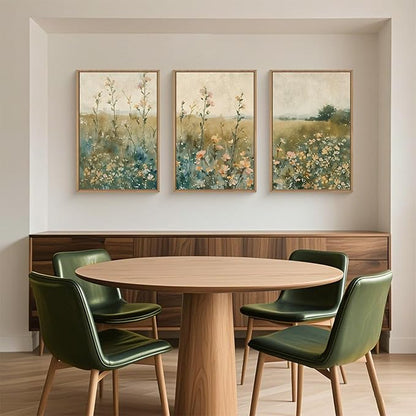 HLNIUC Vintage Watercolor Wildflower Landscape 3 Piece Wall Art Framed, Large Retro Floral Wall Decor(16x24), Nature Wilderness Farmhouse Rustic Field Canvas Painting for Living Room, Bedroom, Office