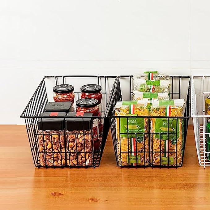 Redrubbit Wire Storage Baskets, Large Farmhouse Metal Freezer Basket Storage Organizer Bins with Handles for Kitchen Cabinets, Pantry, Closets, Bedrooms, Bathrooms, Set of 4, Black