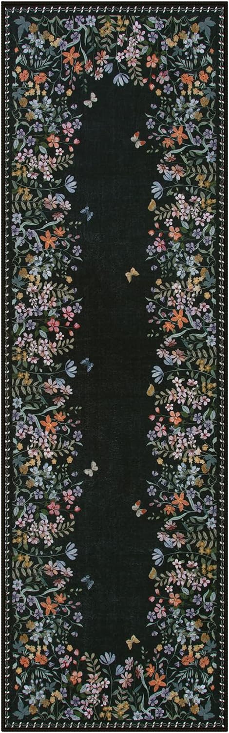 Lahome Boho Floral 2'6"x8 Black Washable Hallway Kitchen Runner Rug, Non Skid Bathroom Carpet Runner, Soft Non-Slip Rug Runners for Entryway Laundry Bedroom(2'6"x8ft,Black)