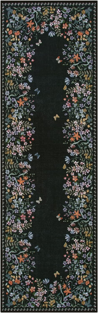 Lahome Boho Floral 2'6"x8 Black Washable Hallway Kitchen Runner Rug, Non Skid Bathroom Carpet Runner, Soft Non-Slip Rug Runners for Entryway Laundry Bedroom(2'6"x8ft,Black)