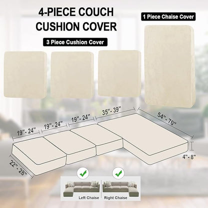 NAISI Sectional Couch Cover 4 Pieces Velvet Separate Couch Cushion Covers L Shape Soft Stretch Sofa Slipcovers with 2pcs Pillowcases for Left/Right Chaise Sectional Couch(3 Seater+1 Chaise,Cream)