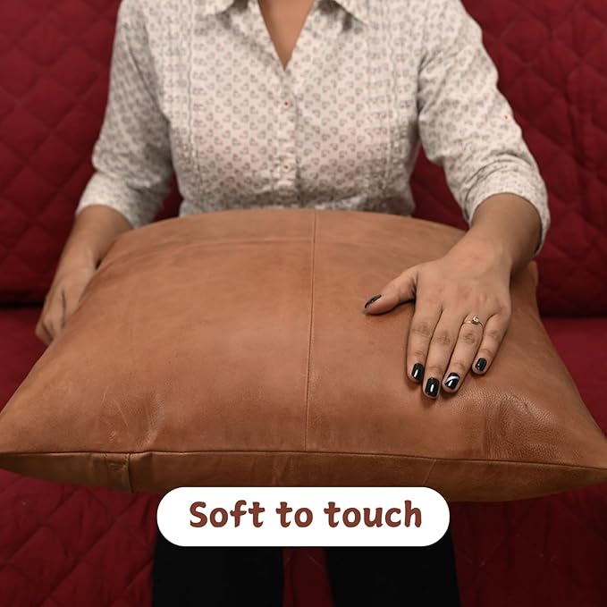 Lambskin Leather Pillow Cover - Sofa Cushion Case - Decorative Throw Covers for Living Room & Bedroom, 22x22 Inches - Antique Brown Plain Pack of 1