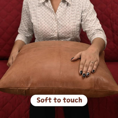 Lambskin Leather Pillow Cover - Sofa Cushion Case - Decorative Throw Covers for Living Room & Bedroom, 16x16 Inches - Antique Brown Plain Pack of 2