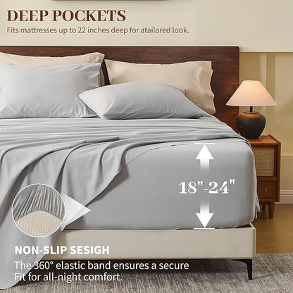 MEISHANG 100% French Pure Linen Sheets King Size - Extra Deep Pocket Sheet Set, Soft Durable Flax Linen, Anti-Tear Breathable & Oeko-Tex Certified 18-24 Deep Pocket,All Season(Silver Grey)