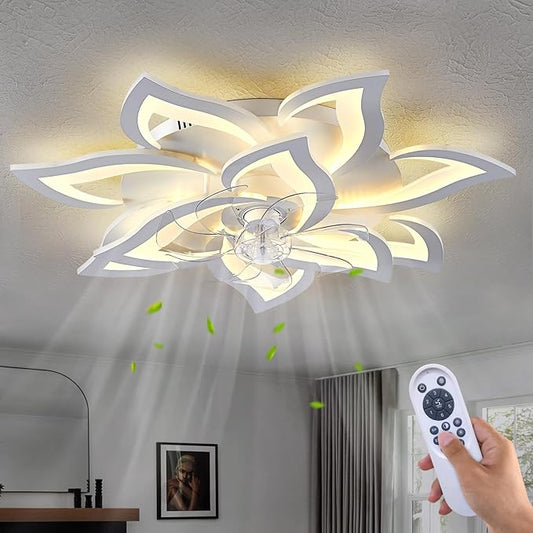 32" White Ceiling Fan with Light Remote Control, Modern Geometric Ceiling Fan with Lights, 6 Speeds 3 Light Color Low Profile Ceiling Fan for Kitchen Bedroom