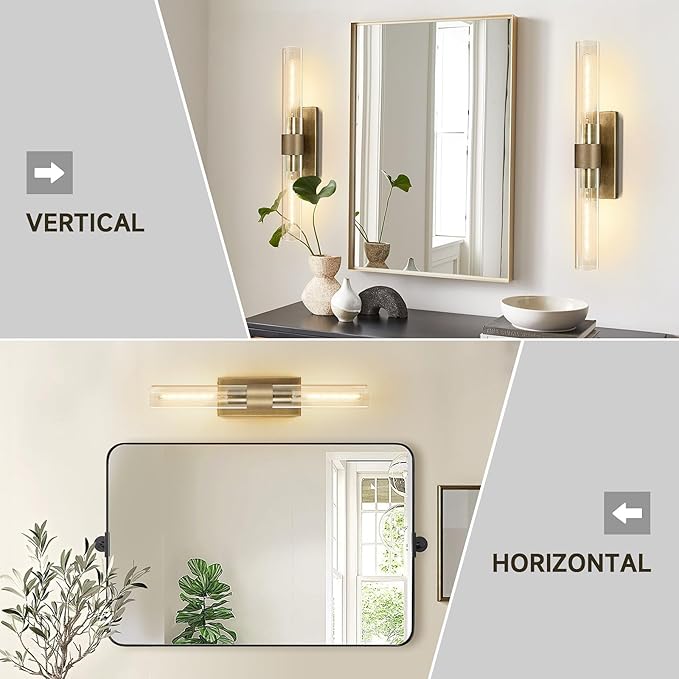 Brass Wall Sconces, Bathroom Wall Sconce, 22.8" Gold Wall Sconces, 2-Light Dimmable Wall Sconce, Sconces Wall Lighting with Glass, Vanity Light Tube Sconce for Bedroom Living Room, Hallway