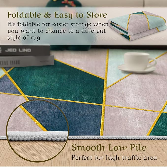 Pink Irregular Geometric Color Block Area Rug, Nordic Simple Gold Line Print Large Rugs, Machine Washable Breathable Durable Carpet for Room Sofa Living Room Mat Bedroom Decor Floor Mat,6 x 9ft