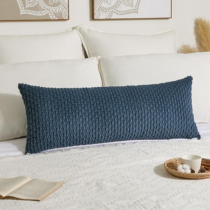 Kevin Textile 20x54 Inch Long Body Lumbar 1 Pack Boho Decorative Throw Pillow Cover Soft Striped Corduroy Rectangle Cushion Case Farmhouse Accent for Living Room Couch Sofa Bed, Blue