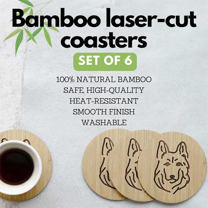 Set of 6 Bamboo Laser-Engraved Fun Dog Coasters with Iron Holder - Gift Packaging 3.9 Inch Non-Stick Absorbent Durable and Unbreakable Wooden Cup Coasters for Dog Lovers (German Shepherd)