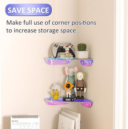 Sezanrpt 7x7 Inch Corner Shelf Wall Mount Set of 2, Iridescent Acrylic Corner Floating Shelves, Corner Wall Organizer Shelf for Bathroom, Kitchen, Bedroom, Living Room, Dining Room, Office