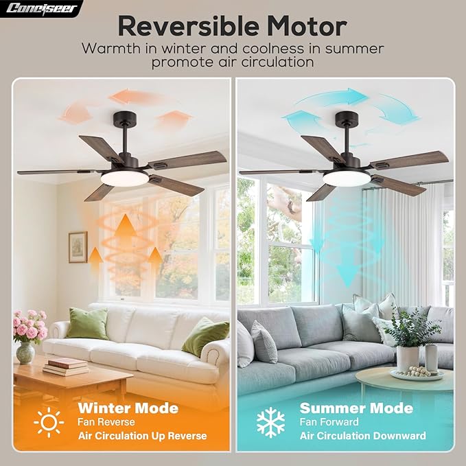 52 Inch Ceiling Fans with Lights and Remote for Bedroom Living Room Kitchen Office, Indoor/Outdoor Use, 5CCT Dimmable, 5 Blades 6 Speed Reversible Quiet DC Motor, Brown/Wood Grain