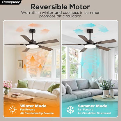 52 Inch Ceiling Fans with Lights and Remote for Bedroom Living Room Kitchen Office, Indoor/Outdoor Use, 5CCT Dimmable, 5 Blades 6 Speed Reversible Quiet DC Motor, Brown/Wood Grain