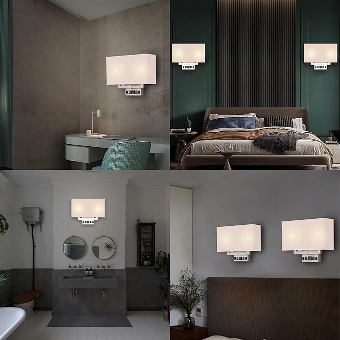 Wall Sconces Set of two Modern Bathroom Light Fixtures with Outlet Indoor Bedside Wall Lamps Set with USB Ports and Outlet, E26 Base, 120V, Brushed Nickel Finish, Iron Body, White Fabric Shade