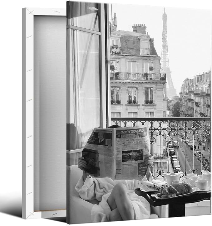 Black and White Photography Canvas Wall Art, Woman Reading Newspaper In Paris Hotel Aesthetic Poster, Retro Paris Tower Museum Photo Print, Luxury Fashion Breakfast Wall Decor 12x16in Wrapped Canvas