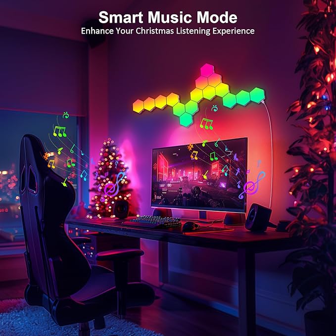 Hexagon LED Light Panels 8 Pack – RGB Wall Decor Lights with Music Sync, App & Remote – Modular Home & Christmas Decor for Bedroom, Living Room, and Room Decor