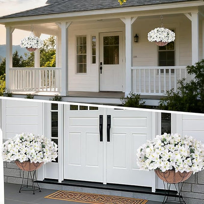 Hanging Planters with Plant Hangers for Indoor Outdoor Decor 2 Pack Artificial White Bougainvillea 30CM Half-Round Coconut Fiber Wall-Mounted Hanging Baskets with Sturdy Iron Chain and Frame