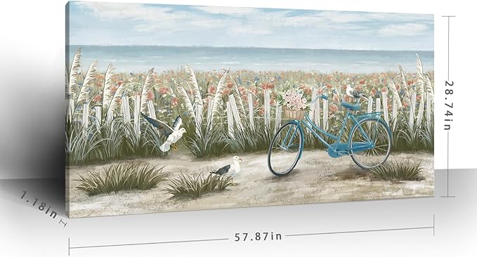 Large Wall Art for Living Room Boho Ocean Beach Canvas Print Coastal Vintage Wildflower Daisy Flowers Landscape Seaside Blue Bicycle Seagull Seascape Artwork for Seashore Farmhouse Bedroom 60x30inch