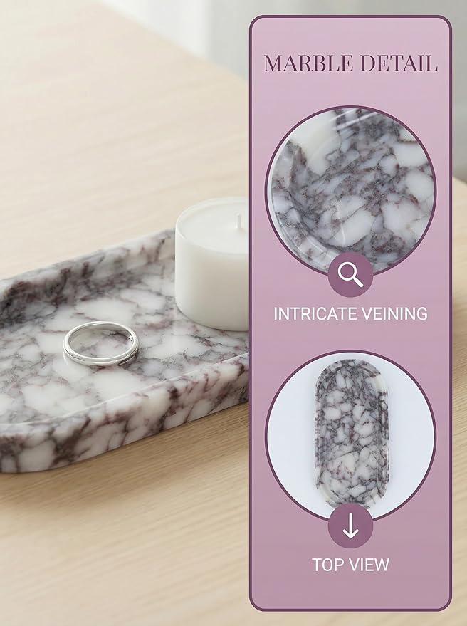 OOBOOB Natural Calacatta Viola Violet Marble Tray, Oval Perfume Tray, Bathroom Organizer for Vanity, Kitchen & Living Room, Perfect for Home Decor Lovers