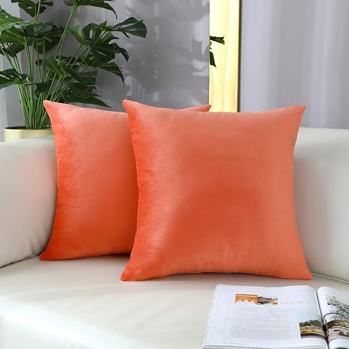 mixeoo Comfy Peach Coral Throw Pillow Covers Decorative Square Solid Velvet Super Soft Cushion Cases Home Decor for Sofa Couch, Set of 2, 14 x 14 Inch