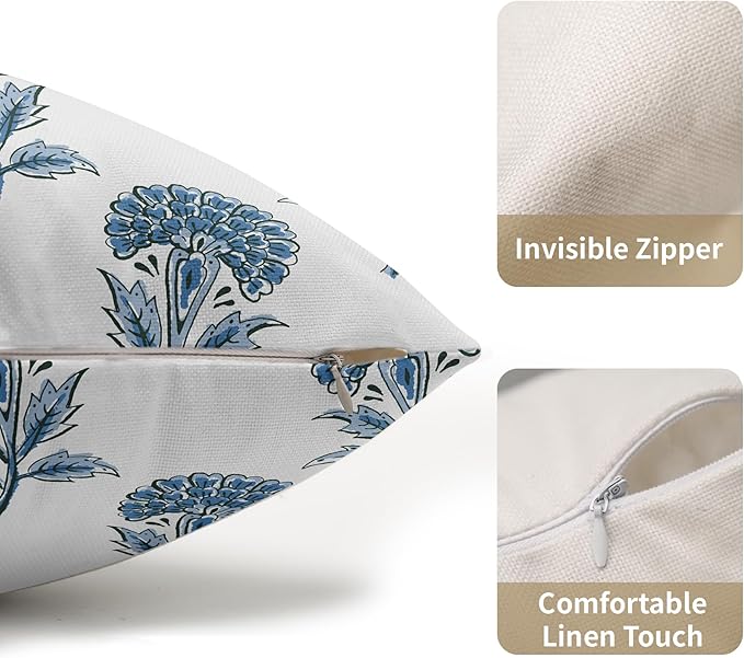 Blue Floral Lumbar Pillow Covers 12x20 Set of 2 Blue and White Block Print Pattern Rustic Spring Flower Decorative Outdoor Farmhouse Pillowcases Decorations Throw Cushion Cover Decor Couch Sofa Bed