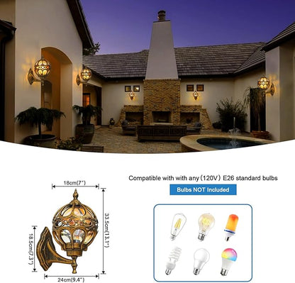 Gold Outdoor Wall Light Fixtures, Globe Exterior Aluminum Waterproof Porch Lights, Sphere Anti-Rust Outside Lantern Wall Mount with Amber Glass for Patio Backyard Garage Doorway Front Door