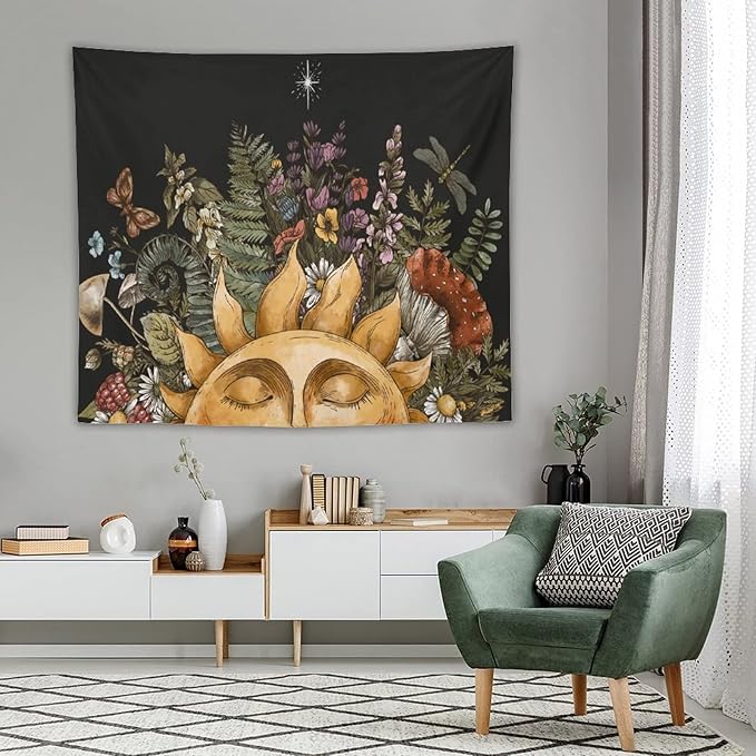 Vintage Sun Tapestry Wall Hanging,Hippie Boho Mushroom Floral Plant Tapestries for College Dorm Living Room Bedroom Decor(50"x60")