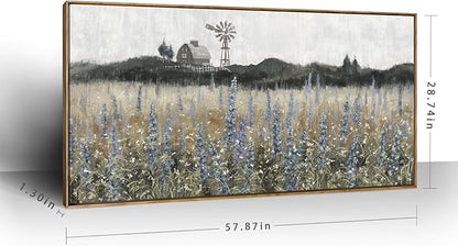 Large Framed Wall Art for Living Room Nature Wilderness Landscape Painting Vintage Canvas Print Rustic Farmhouse Scenery Picture Countryside Wildflower Field Meadow Windmill Barn Artwork 60"W x 30"H