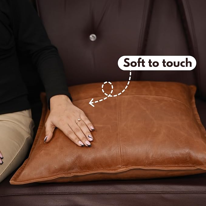 D DOLLY LAMB Lambskin Leather Pillow Cover - Sofa Cushion Case - Decorative Throw Covers for Living Room & Bedroom, 22x22 Inches - Tan Orange Box Pack of 2