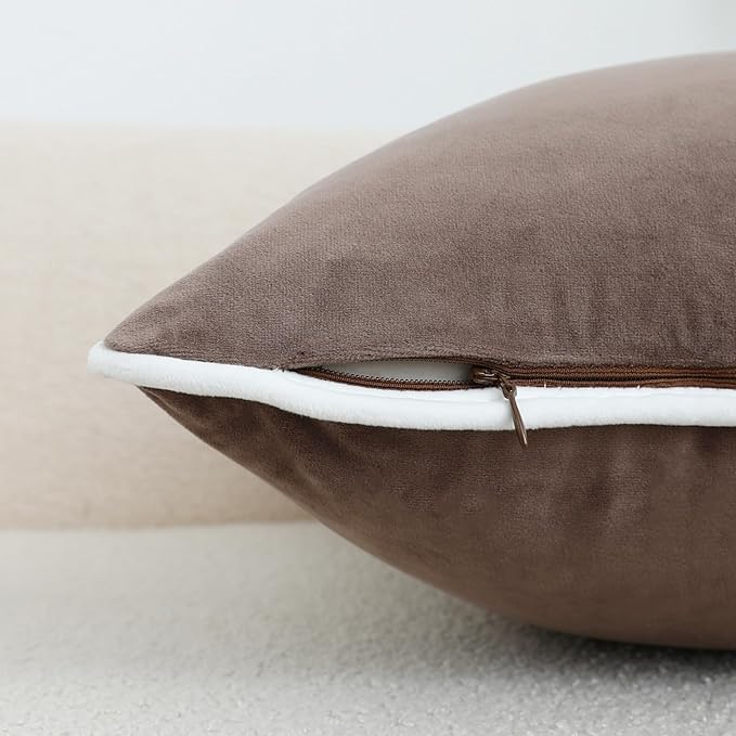 LIGICKY Set of 2 Light Brown Throw Pillow Covers Modern Minimalist Style Solid Decorative White Rope Edging Soft Square Cushion Cases for Sofa Bedroom Party Décor, 18 x 18 inch