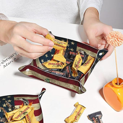 Valet Tray Gifts for Men Husband Boyfriend – Catchall Bedside Vanity Tray, Nightstand Caddy Leather Holder for Keys, Wallet, Coins, Trinkets & Jewelry Camo Deer American Flag Hunting 019
