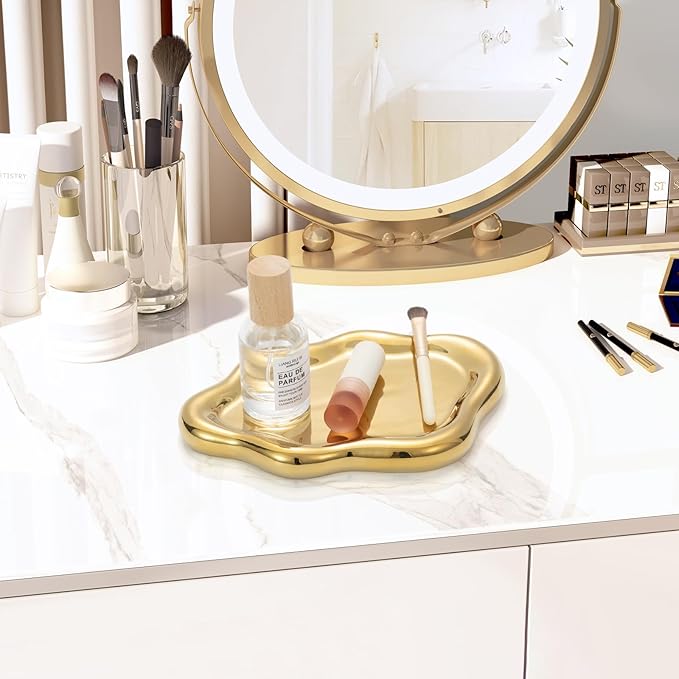 Gold Ceramic Cloud Jewelry Tray, Luxe Gold Electroplated Trinket Dish for Rings/Bracelets/Keys/Perfume, Elegant Cloud Shape Vanity Tray & Key Tray Organizer, Birthday/Mother’s Day/Valentine’s Gift