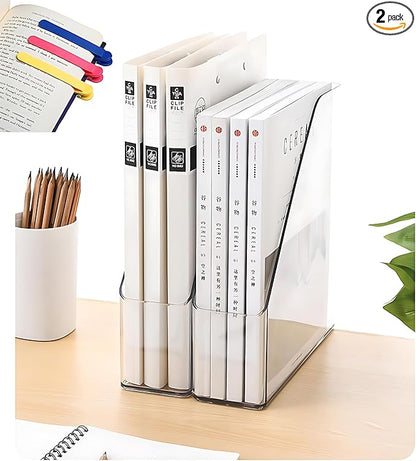 2-Pack Clear Acrylic Magazine File Holders – Desktop Organizer for Books, Documents, Binders, Envelopes, Includes 3 Bonus Silicone Bookmarks