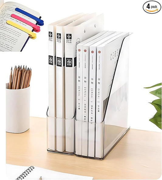 4-Pack Acrylic Magazine Holder & Book Organizer Clear Desktop File Storage Rack for Office/Home, Includes 6 Silicone Bookmarks (Space-Saving Design)