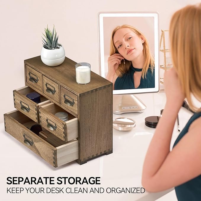 KIRIGEN Wood Desk Drawer Organizer, Home Storage Cabinet 6 Drawers Mini Chest with Lable Holder Handles for Bedroom Home and Office Organization Dark Brown(3D6CG-DBR)