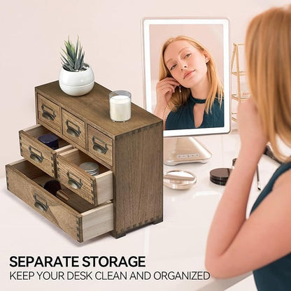 KIRIGEN Wood Desk Drawer Organizer, Home Storage Cabinet 6 Drawers Mini Chest with Lable Holder Handles for Bedroom Home and Office Organization Dark Brown(3D6CG-DBR)