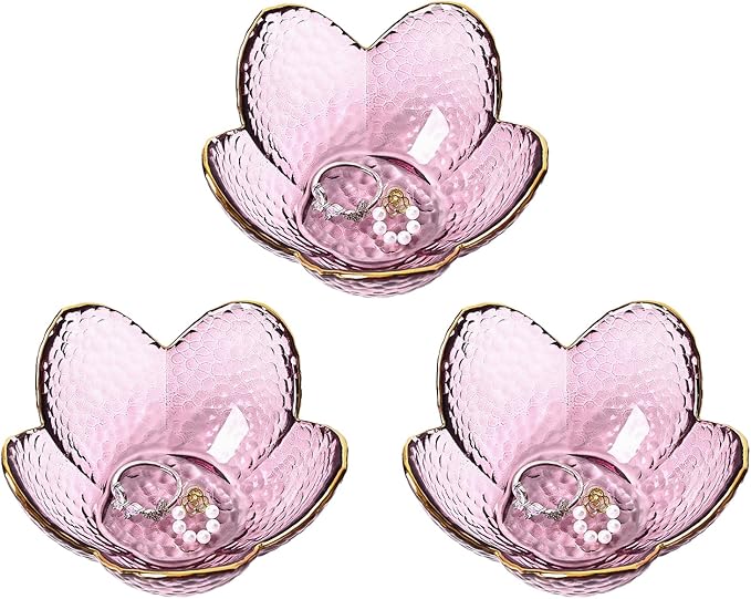 Koythin 3-Piece Glass Jewelry Tray, Small Trinket Holder for Necklace Bracelet Earring, Ring Holders for Bathroom, Aesthetic Trinket Dish, Flower Nightstand Decor for Girl Mom (Purple)