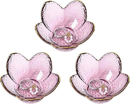 Koythin 3-Piece Glass Jewelry Tray, Small Trinket Holder for Necklace Bracelet Earring, Ring Holders for Bathroom, Aesthetic Trinket Dish, Flower Nightstand Decor for Girl Mom (Purple)