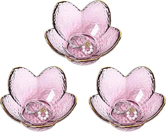 Koythin 3-Piece Glass Jewelry Tray, Small Trinket Holder for Necklace Bracelet Earring, Ring Holders for Bathroom, Aesthetic Trinket Dish, Flower Nightstand Decor for Girl Mom (Purple)