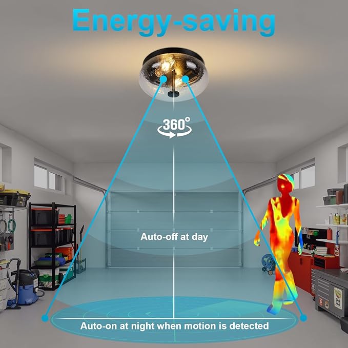Motion Sensor Outdoor Ceiling Light, Black Modern Design Ceiling Light Fixture with Ripple Glass for Porch, Garage, Patio, Hallway, Entryway, Energy Efficient (2 Blub Needed)
