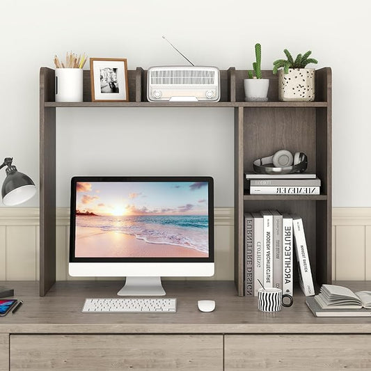 Desktop Bookshelf, 3-Tier Wood Countertop Bookcase with 5 Shelves, Desk Hutch for College Dorm, Multipurpose Desk Organizer Shelf Display Rack for Home Office, Hutch Top Only