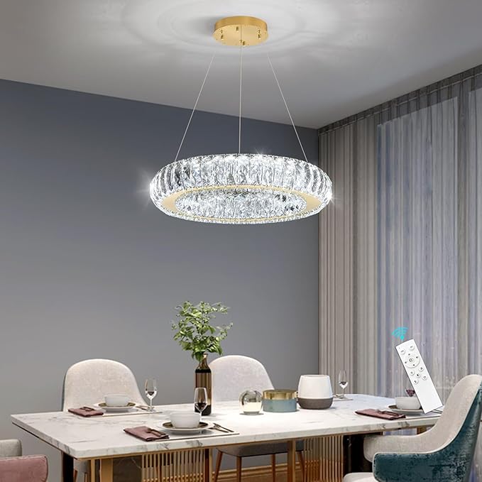 Modern Chandelier Crystal LED Dimmable Ring Pendant Lights Adjustable Hanging Lighting Chandeliers Fixtures for Dining Room Bedroom Kitchen Island Table Gold Light
