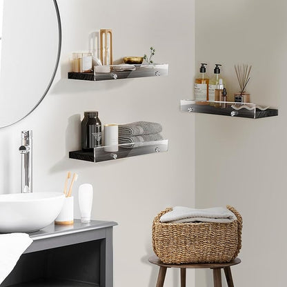 3 Pack Wooden Floating Shelves for Wall with Acrylic Front Lip, 15.7 IN Wall Mounted Rustic Style Shelves for Bathroom, Bedroom, Living Room, Kitchen, Hanging Shelves, Black