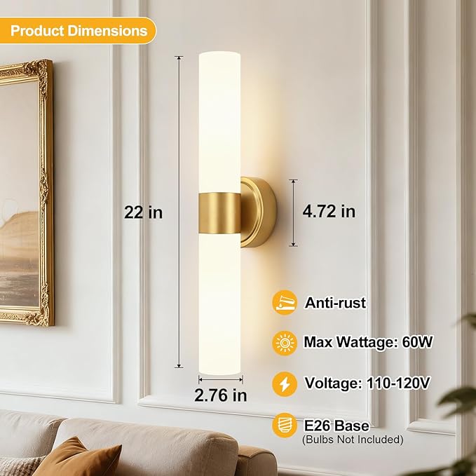 Wall Sconces Set of Two, Modern Bathroom Sconces Wall Lighting with Milky White Glass, Brushed Gold Sconces Wall Decor Set of 2 for Bathroom Mirror Bedroom Living Room Hallway