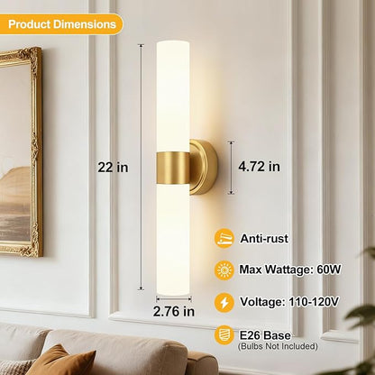 Wall Sconces Set of Two, Modern Bathroom Sconces Wall Lighting with Milky White Glass, Brushed Gold Sconces Wall Decor Set of 2 for Bathroom Mirror Bedroom Living Room Hallway