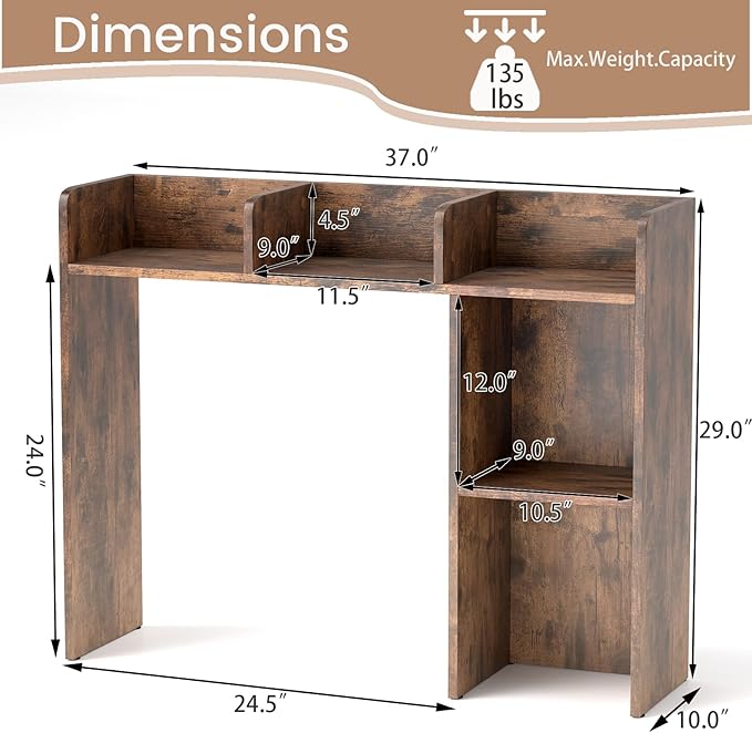 Desktop Bookshelf, 3-Tier Wood Countertop Bookcase with 5 Shelves, Desk Hutch for College Dorm, Multipurpose Desk Organizer Shelf Display Rack for Home Office, Hutch Top Only
