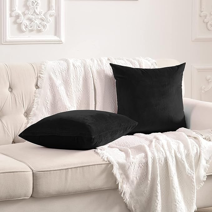 FY FIBER HOUSE Pack of 2 Velvet Throw Pillow Covers Decorative Pillowcase Soft Solid Cushion Cover, 18 x 18 Inch, Black