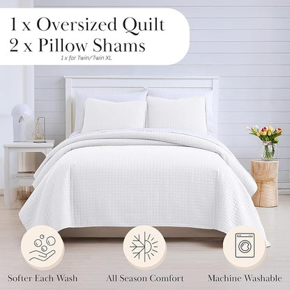 Southshore Fine Living, Inc. XL Twin Quilt Set, Microfiber Quilted Bedspread, Twin Bedding Coverlet Set with Pillow Sham, Wrinkle-Free, Stain & Pet Hair Resistant Bedding, Bright White Quilt