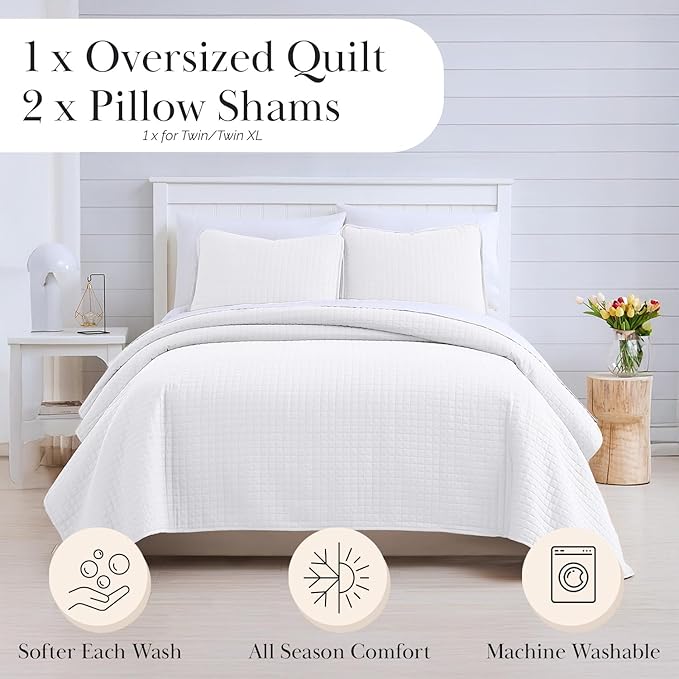 Southshore Fine Living, Inc. White Queen Quilt Bedding Set, Dual Fit Luxury Bedding Quilts, Queen Size Bedspread/Coverlet, Full Size Quilted Comforter/Bed Spread w/Pillow Shams, White Quilts